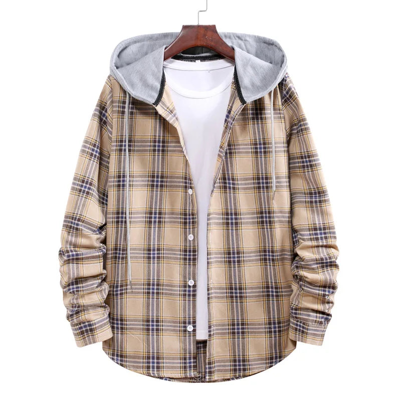 New 2026 Men's Plaid Hooded Shirts Loose Casual Men Jacket Shirt Comfortable Long Sleeve Sport Hooded Coats Men's Daily Clothing