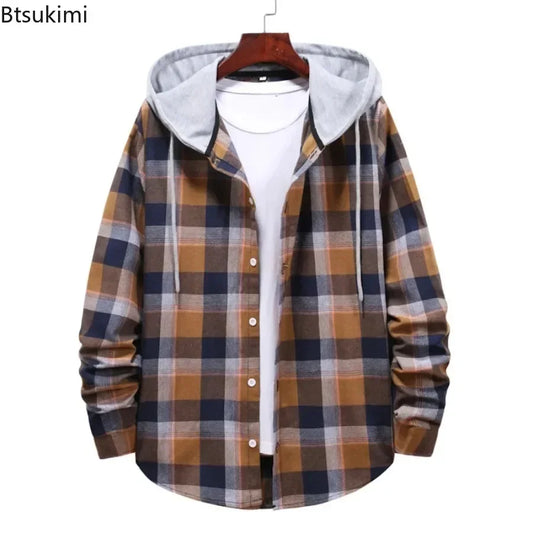 New 2026 Men's Plaid Hooded Shirts Loose Casual Men Jacket Shirt Comfortable Long Sleeve Sport Hooded Coats Men's Daily Clothing