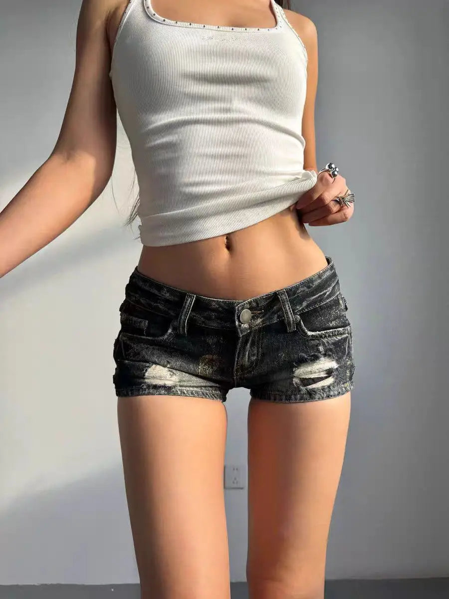 American Retro Sexy Low Waist Y2k Denim Shorts Women Female Vintage 2000s Mini Jeans Slim Fit Gothic Black Hot Pants