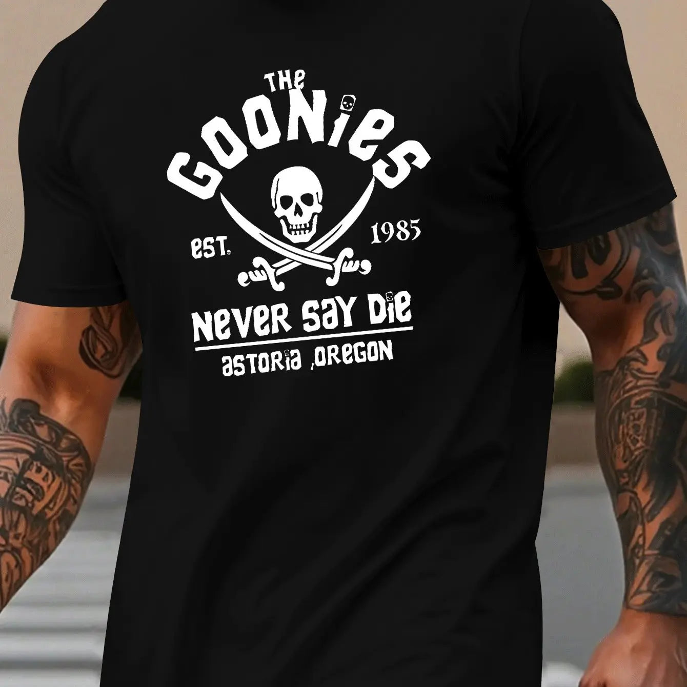 Men's summer 100% pure cotton fashionable casual loose goonies graphic printed round neck short sleeved T-shirt top
