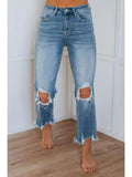 Denim Pant Women Jeans Long Pants Hole Slim High Waist Straight Trousers Y2k Streetwear Elegant Splice Bodycon Mom Jeans 2025
