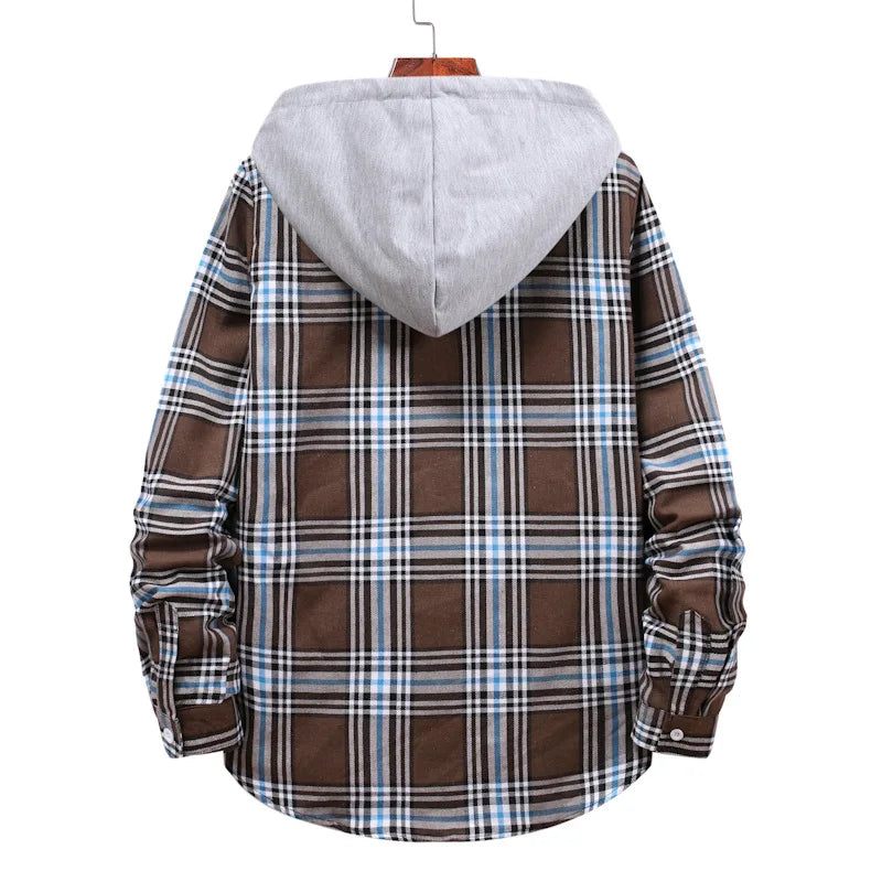 New 2026 Men's Plaid Hooded Shirts Loose Casual Men Jacket Shirt Comfortable Long Sleeve Sport Hooded Coats Men's Daily Clothing