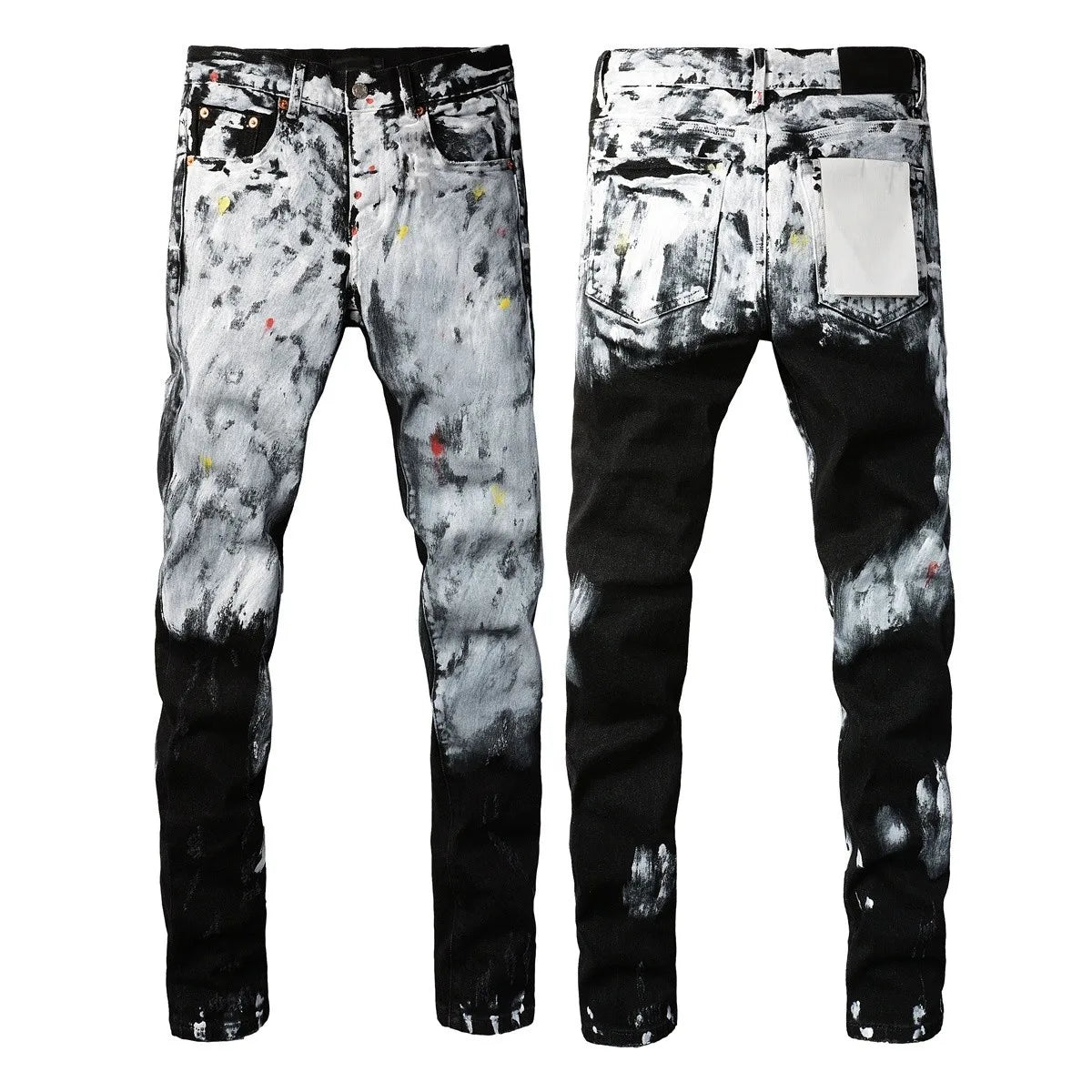 New Fashion Jeans Men High Street Black Splashing ink graffiti Distressed Hole Stretch Skinny Button Fly Ripped Jeans Brand