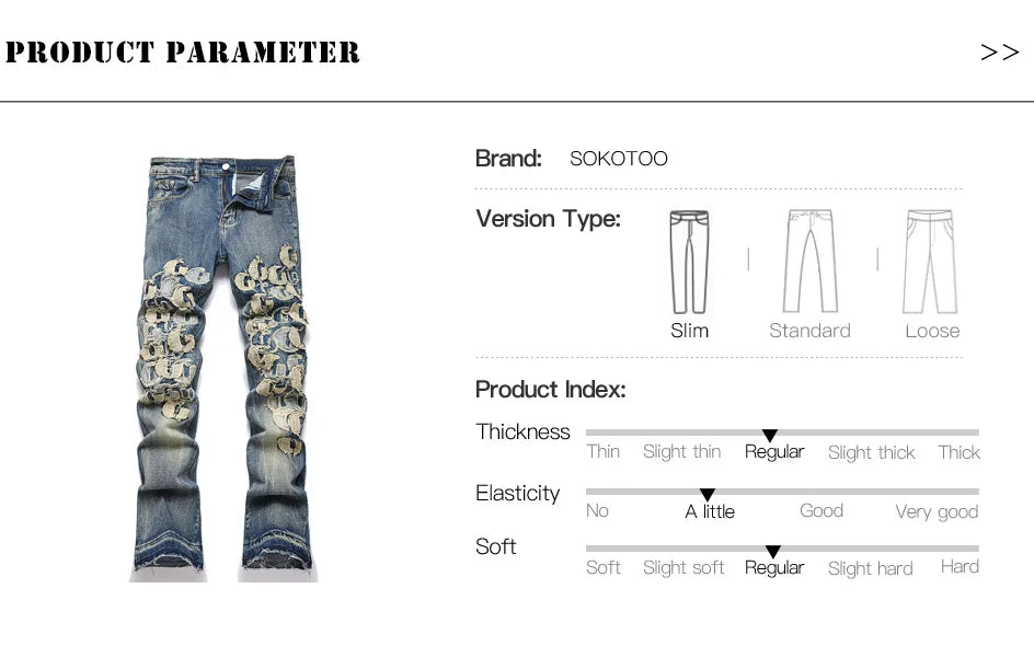 Men Letters Patch Embroidery Denim Jeans Streetwear Release Hem Distressed Pants Retro Vintage Blue Slim But Cut Flared Trousers