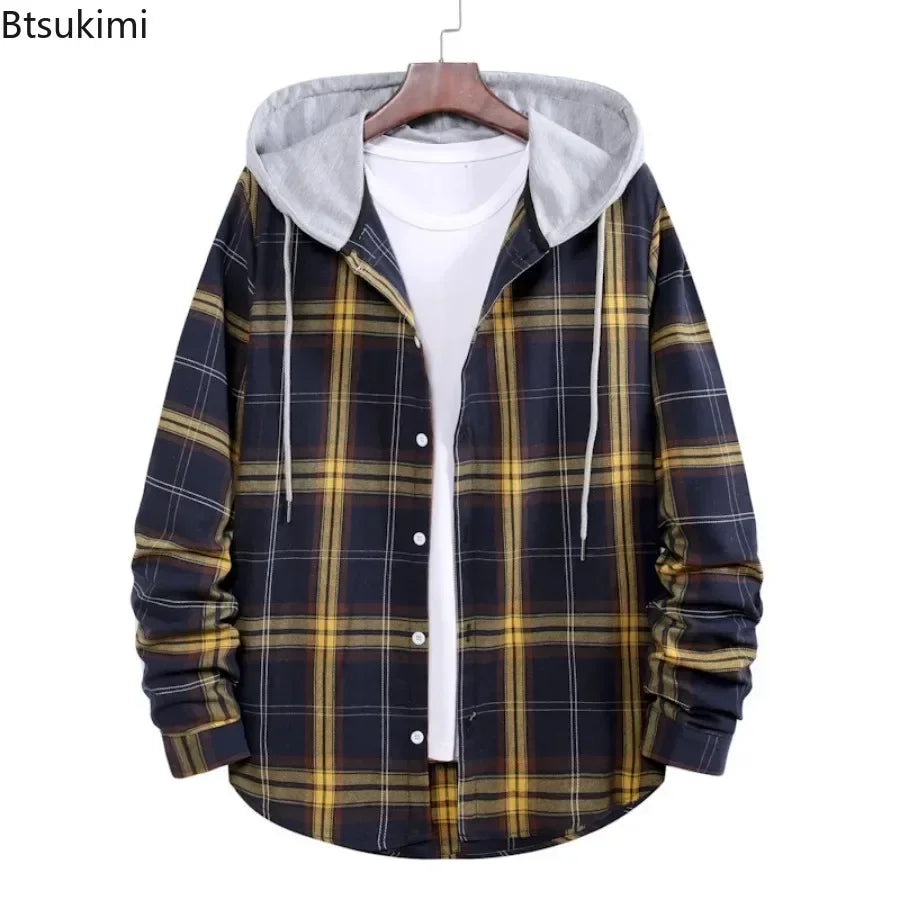 New 2026 Men's Plaid Hooded Shirts Loose Casual Men Jacket Shirt Comfortable Long Sleeve Sport Hooded Coats Men's Daily Clothing