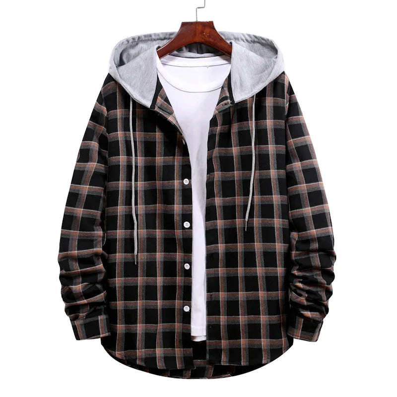New 2026 Men's Plaid Hooded Shirts Loose Casual Men Jacket Shirt Comfortable Long Sleeve Sport Hooded Coats Men's Daily Clothing