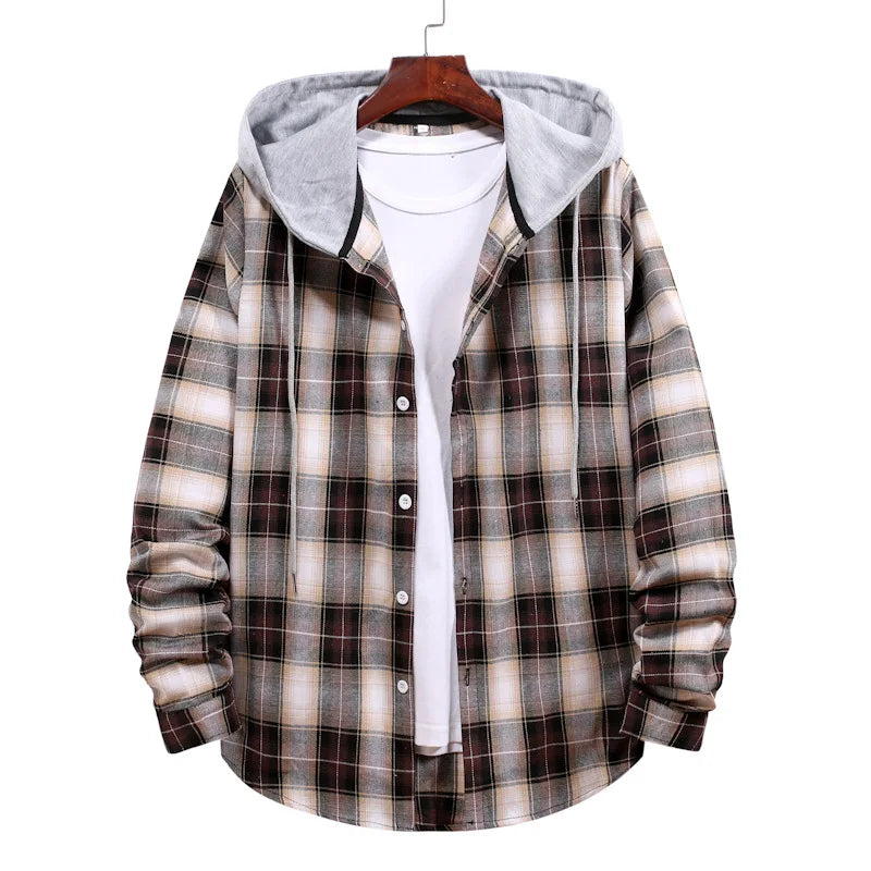 New 2026 Men's Plaid Hooded Shirts Loose Casual Men Jacket Shirt Comfortable Long Sleeve Sport Hooded Coats Men's Daily Clothing