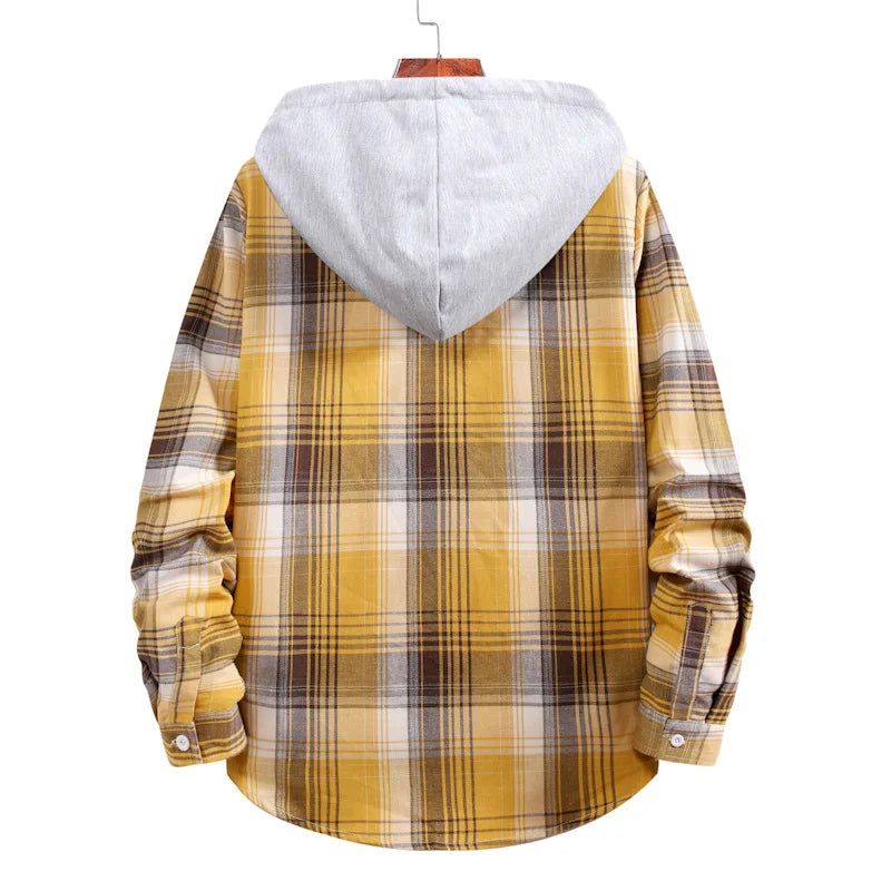 New 2026 Men's Plaid Hooded Shirts Loose Casual Men Jacket Shirt Comfortable Long Sleeve Sport Hooded Coats Men's Daily Clothing