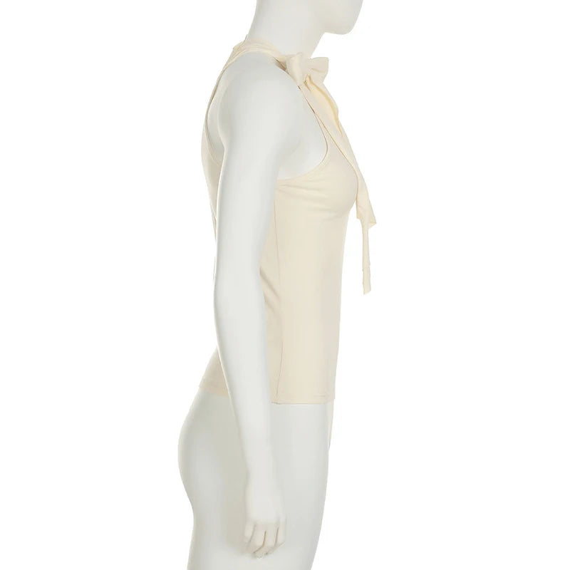 Solid Bow Knot Halter Women Sleeveless Skinny Tank High Street Style Fashion Simple Design