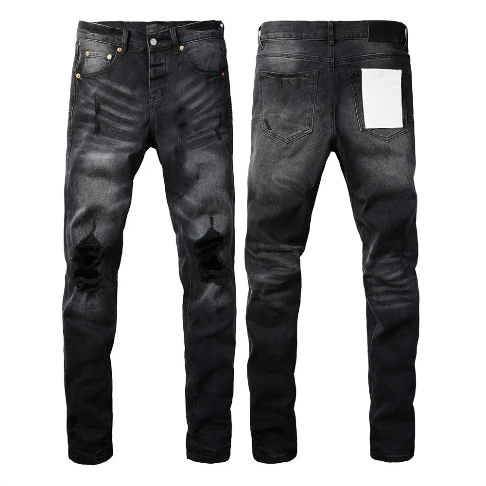 New Fashion Jeans Men High Street Black Splashing ink graffiti Distressed Hole Stretch Skinny Button Fly Ripped Jeans Brand