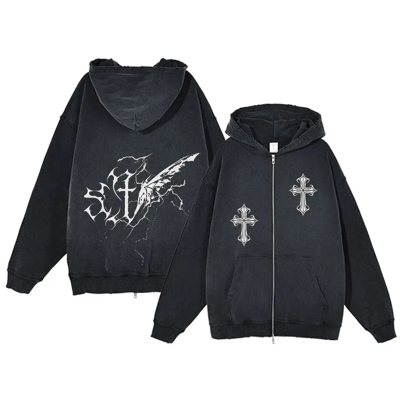 Y2K Zip Up Hoodie for Men Cross Print Loose Long Sleeve Pullover Women Retro Harajuku Sweatshirts Oversized Goth Hip Hop Jacket