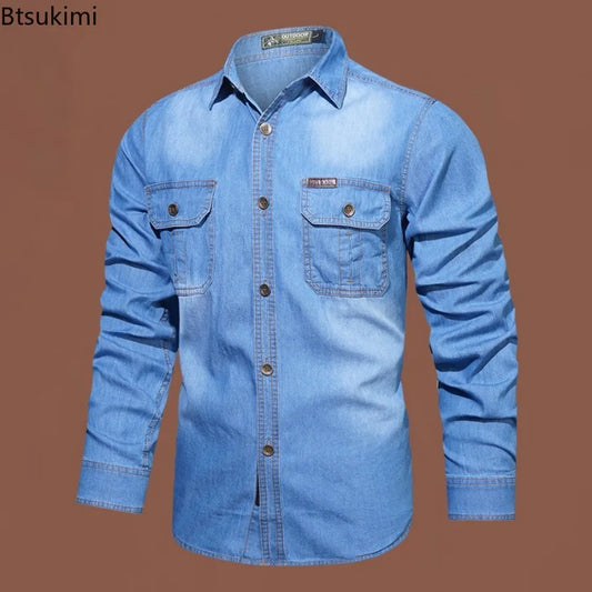 New Men's Outdoor Tooling Shirts Multi-pocket Design Men Long Sleeve Denim Shirt High Quality 100%Cotton Casual Shirt Coats Male