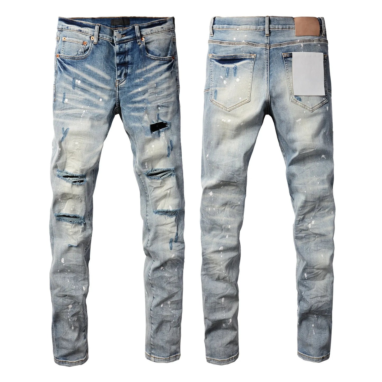 New Fashion Jeans Men High Street Black Splashing ink graffiti Distressed Hole Stretch Skinny Button Fly Ripped Jeans Brand