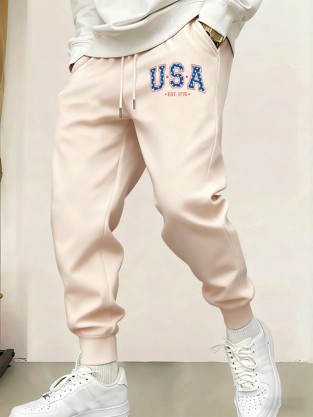 Creative Usa Est 1776 Letter Print Pocket Sweatpants Men Casual Autumn Sportpants Trendy Fleece Long Pants Comfy Warm Trousers