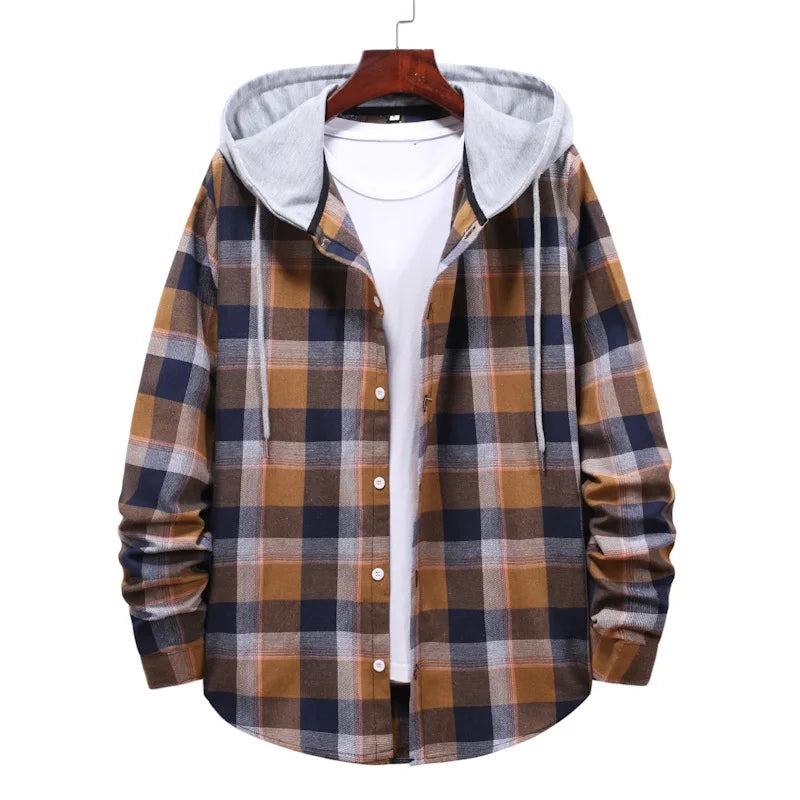 New 2026 Men's Plaid Hooded Shirts Loose Casual Men Jacket Shirt Comfortable Long Sleeve Sport Hooded Coats Men's Daily Clothing
