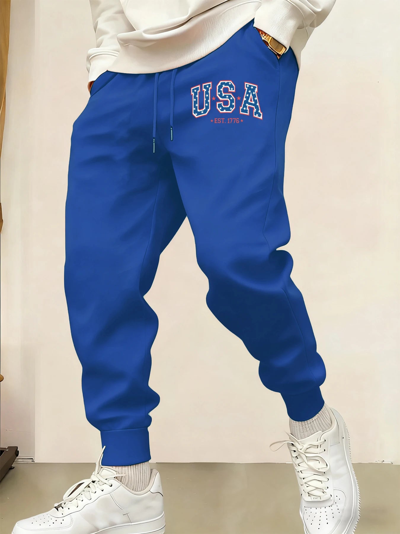 Creative Usa Est 1776 Letter Print Pocket Sweatpants Men Casual Autumn Sportpants Trendy Fleece Long Pants Comfy Warm Trousers