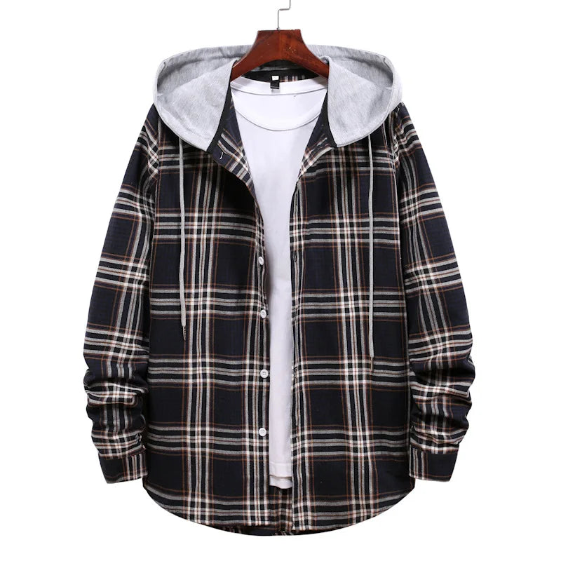 New 2026 Men's Plaid Hooded Shirts Loose Casual Men Jacket Shirt Comfortable Long Sleeve Sport Hooded Coats Men's Daily Clothing