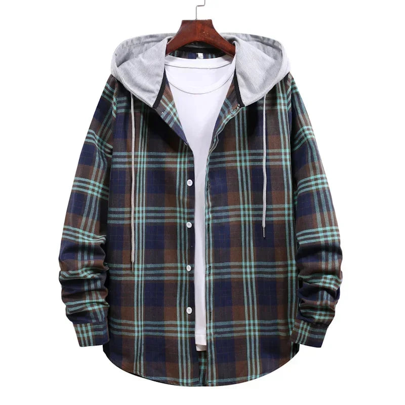 New 2026 Men's Plaid Hooded Shirts Loose Casual Men Jacket Shirt Comfortable Long Sleeve Sport Hooded Coats Men's Daily Clothing
