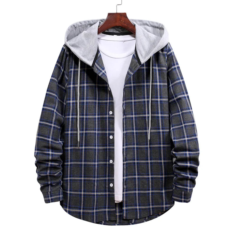 New 2026 Men's Plaid Hooded Shirts Loose Casual Men Jacket Shirt Comfortable Long Sleeve Sport Hooded Coats Men's Daily Clothing