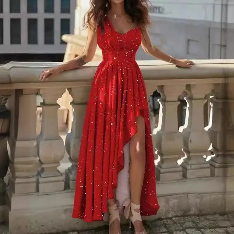 Elegant Dress Vestidos Dresses 2025 Woman Off Shoulder Solid Color Sleeveless Banquet Irregular Hem Temperament Commuting Slim