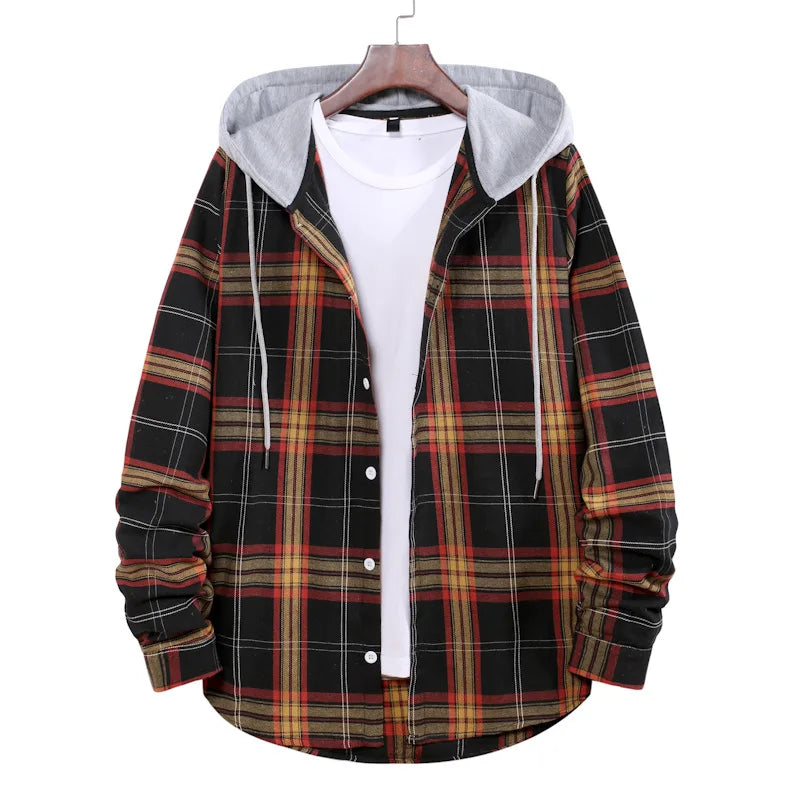 New 2026 Men's Plaid Hooded Shirts Loose Casual Men Jacket Shirt Comfortable Long Sleeve Sport Hooded Coats Men's Daily Clothing