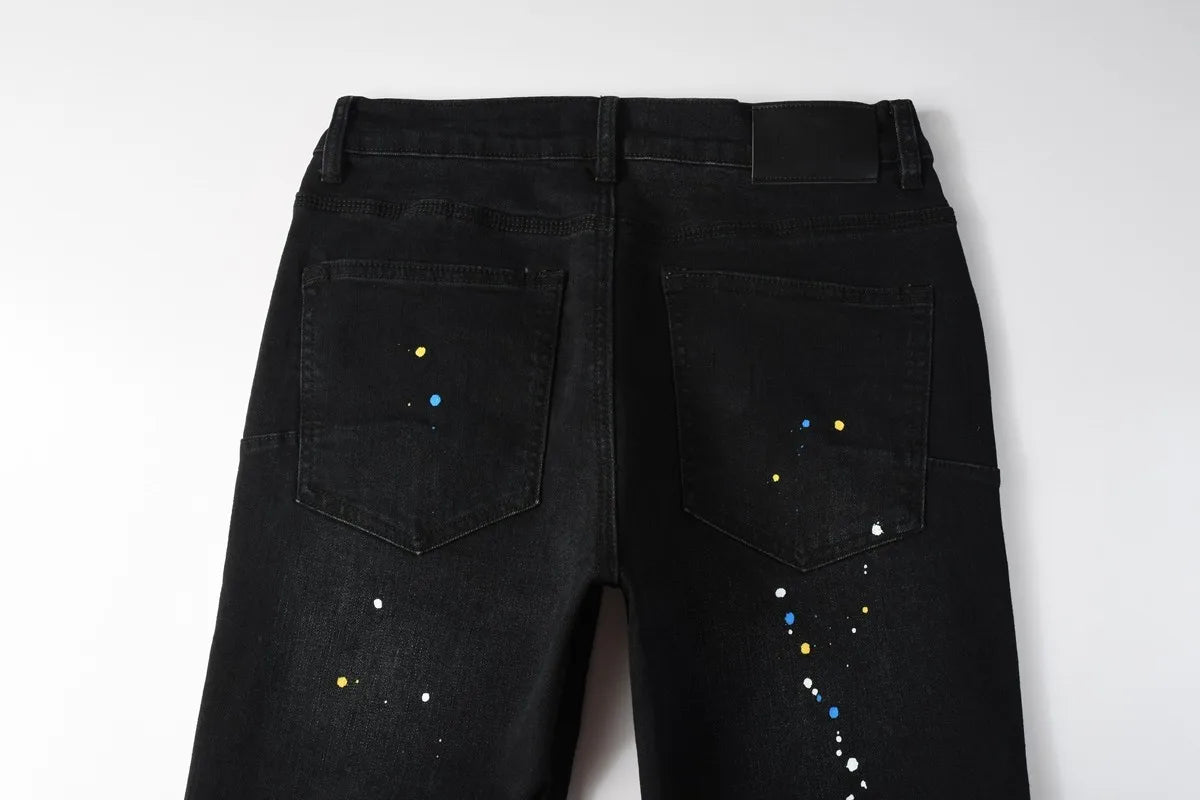 New Fashion Jeans Men High Street Black Splashing ink graffiti Distressed Hole Stretch Skinny Button Fly Ripped Jeans Brand
