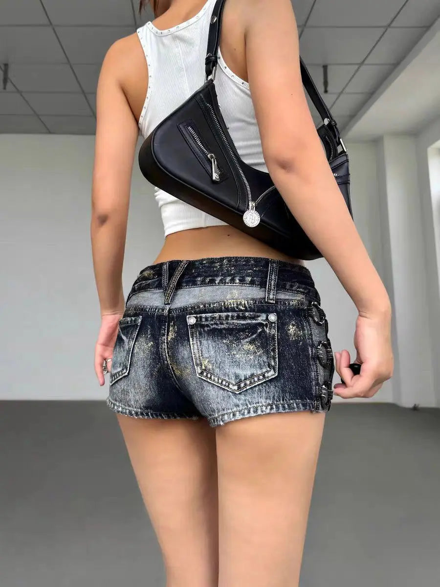 American Retro Sexy Low Waist Y2k Denim Shorts Women Female Vintage 2000s Mini Jeans Slim Fit Gothic Black Hot Pants