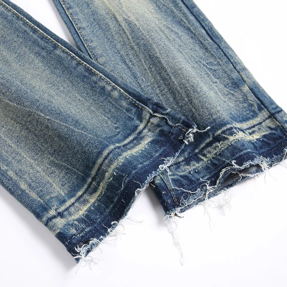 Men Letters Patch Embroidery Denim Jeans Streetwear Release Hem Distressed Pants Retro Vintage Blue Slim But Cut Flared Trousers