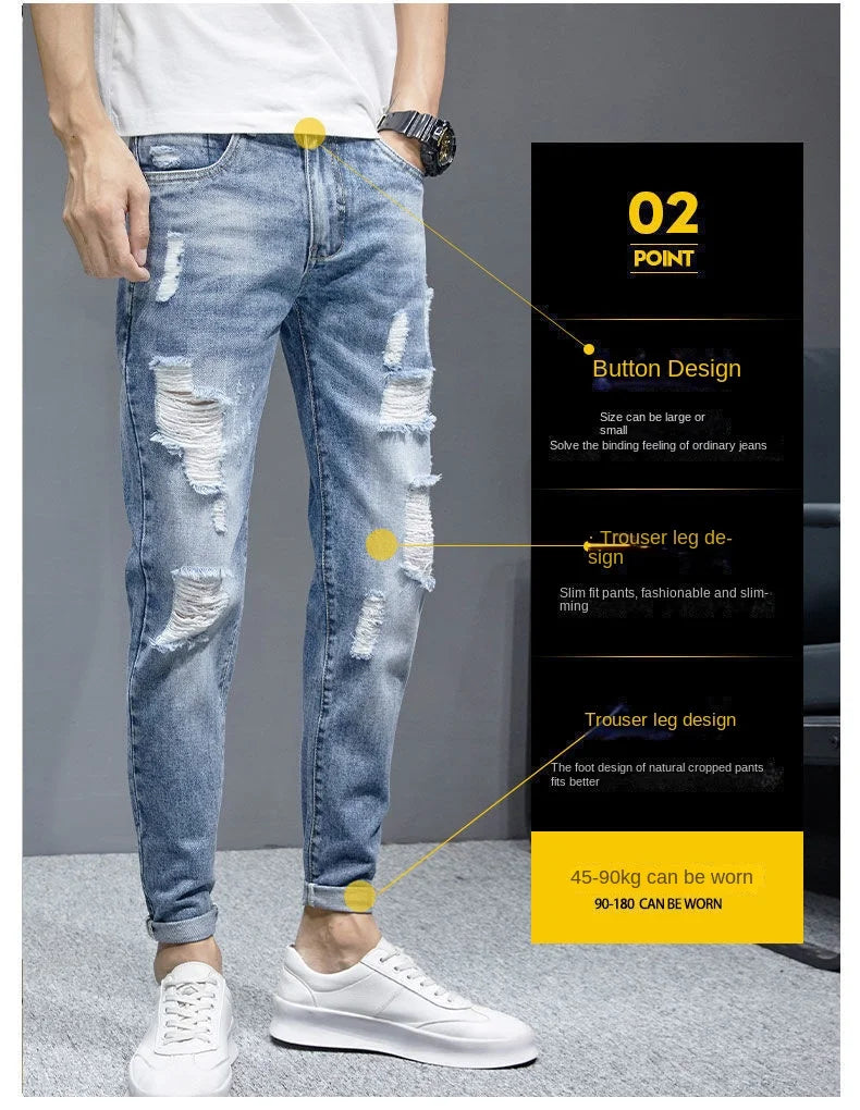New Fashion Stylish Cowboy Men's Slim Casual Jeans with Ripped Distressed Holes Summer Streetwear Denim Broken Hole Pants Male