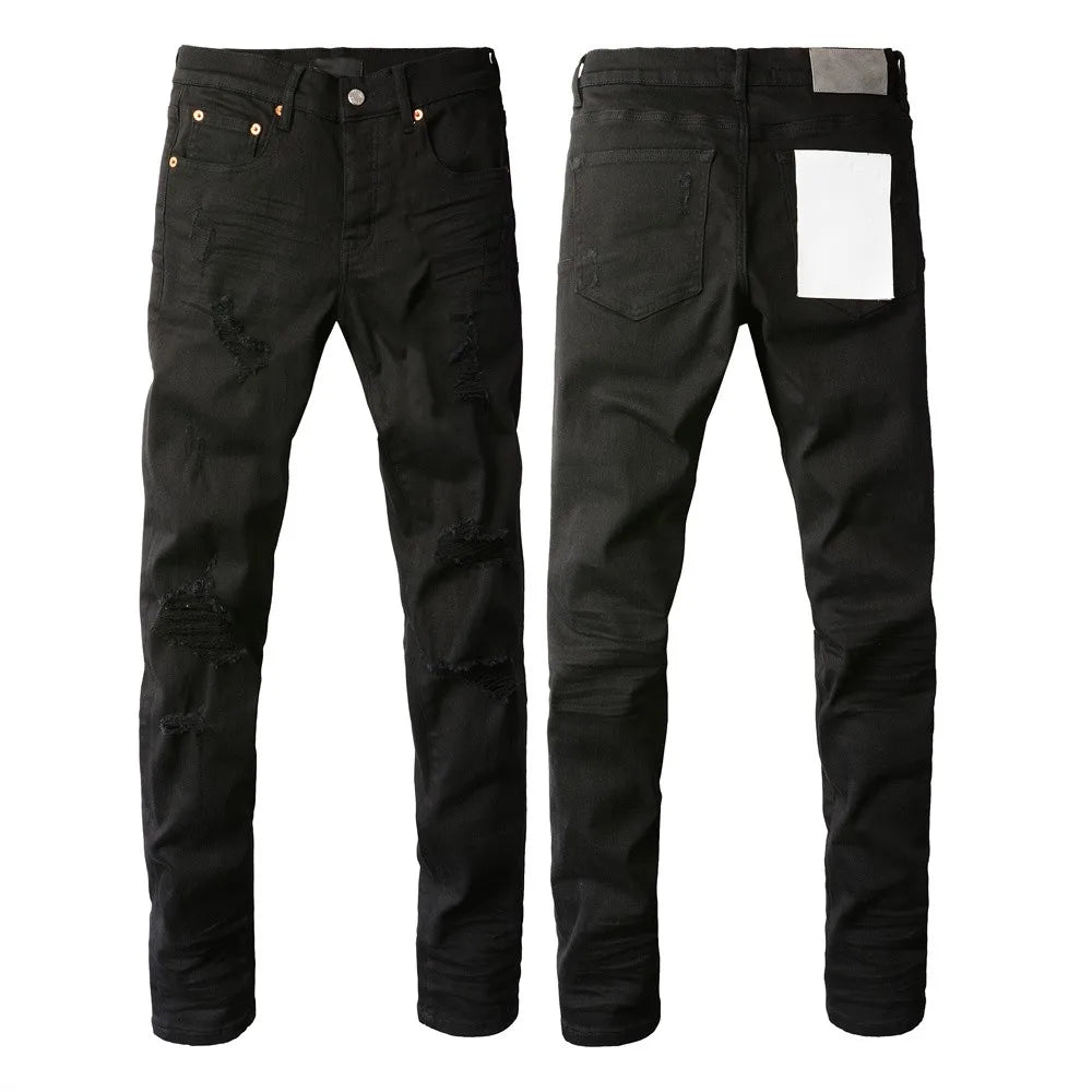 New Fashion Jeans Men High Street Black Splashing ink graffiti Distressed Hole Stretch Skinny Button Fly Ripped Jeans Brand
