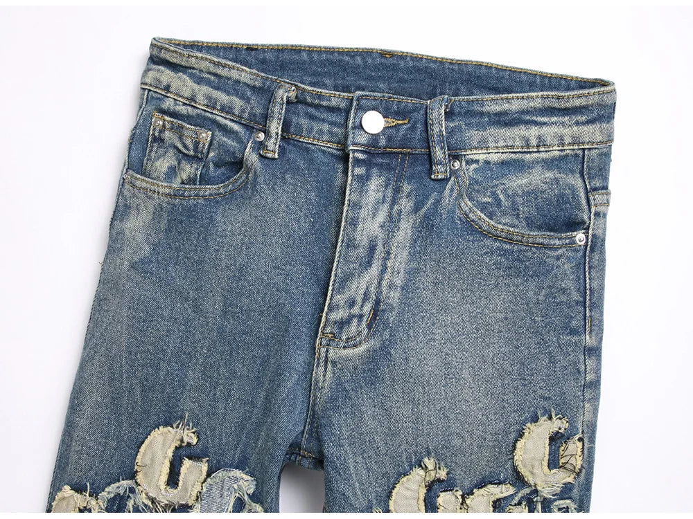 Men Letters Patch Embroidery Denim Jeans Streetwear Release Hem Distressed Pants Retro Vintage Blue Slim But Cut Flared Trousers