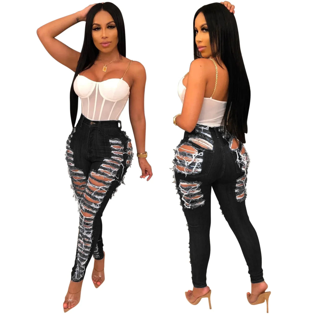CM.YAYA Denim Pants Women Retro Solid Sexy Hole Hollow Out Jeans Ripped Flare Trousers Street Skinny High Waist Lady Pant