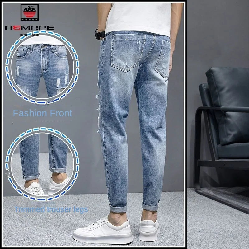 New Fashion Stylish Cowboy Men's Slim Casual Jeans with Ripped Distressed Holes Summer Streetwear Denim Broken Hole Pants Male