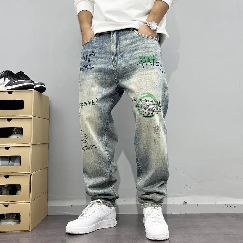 American Retro Street Style Personalized Printed Straight Leg Jeans for Men Loose Fitting Washed High Street Hip-hop Pants