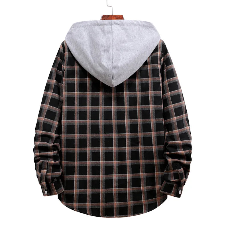 New 2026 Men's Plaid Hooded Shirts Loose Casual Men Jacket Shirt Comfortable Long Sleeve Sport Hooded Coats Men's Daily Clothing
