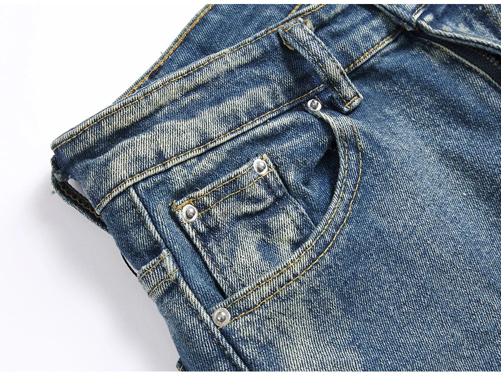Men Letters Patch Embroidery Denim Jeans Streetwear Release Hem Distressed Pants Retro Vintage Blue Slim But Cut Flared Trousers