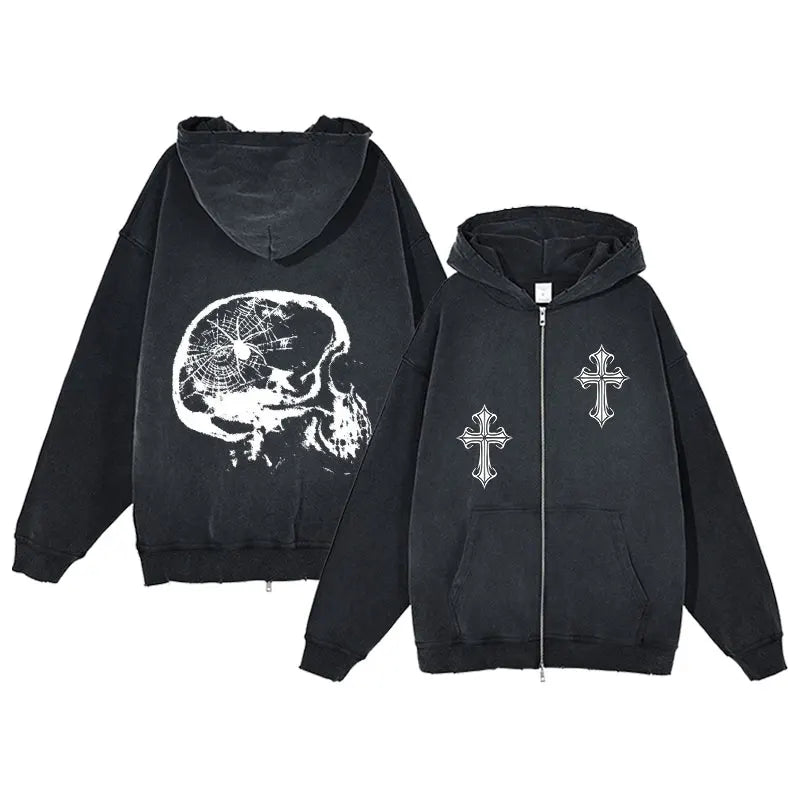 Y2K Zip Up Hoodie for Men Cross Print Loose Long Sleeve Pullover Women Retro Harajuku Sweatshirts Oversized Goth Hip Hop Jacket