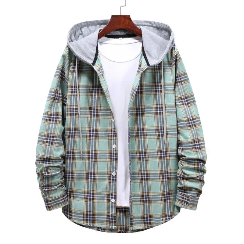 New 2026 Men's Plaid Hooded Shirts Loose Casual Men Jacket Shirt Comfortable Long Sleeve Sport Hooded Coats Men's Daily Clothing
