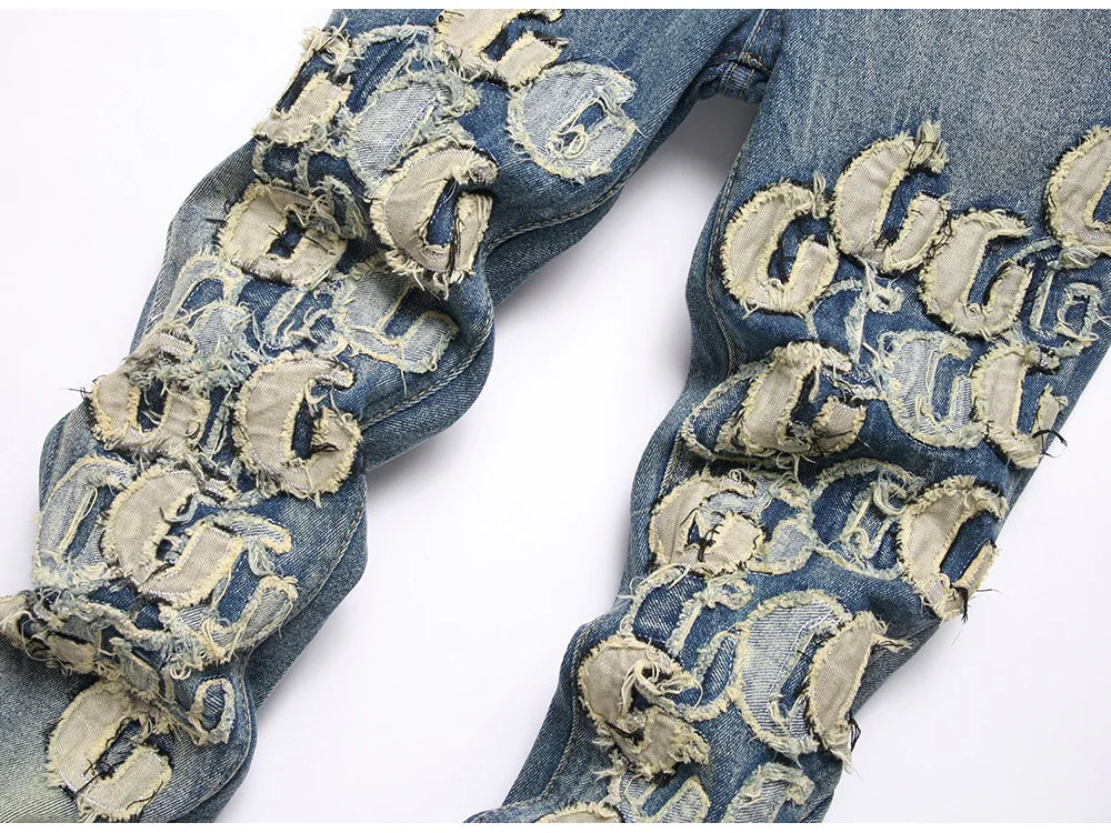 Men Letters Patch Embroidery Denim Jeans Streetwear Release Hem Distressed Pants Retro Vintage Blue Slim But Cut Flared Trousers