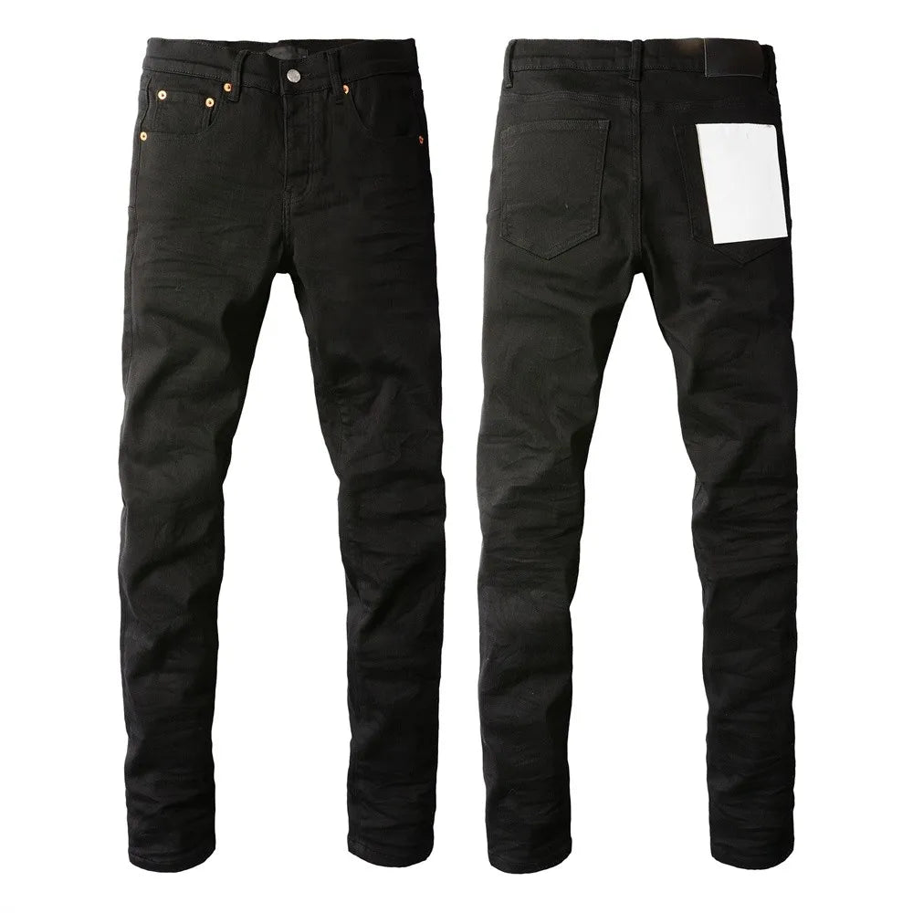 New Fashion Jeans Men High Street Black Splashing ink graffiti Distressed Hole Stretch Skinny Button Fly Ripped Jeans Brand