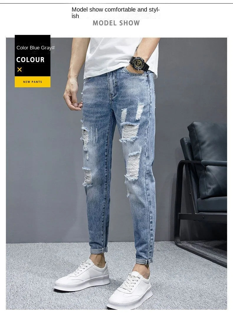 New Fashion Stylish Cowboy Men's Slim Casual Jeans with Ripped Distressed Holes Summer Streetwear Denim Broken Hole Pants Male