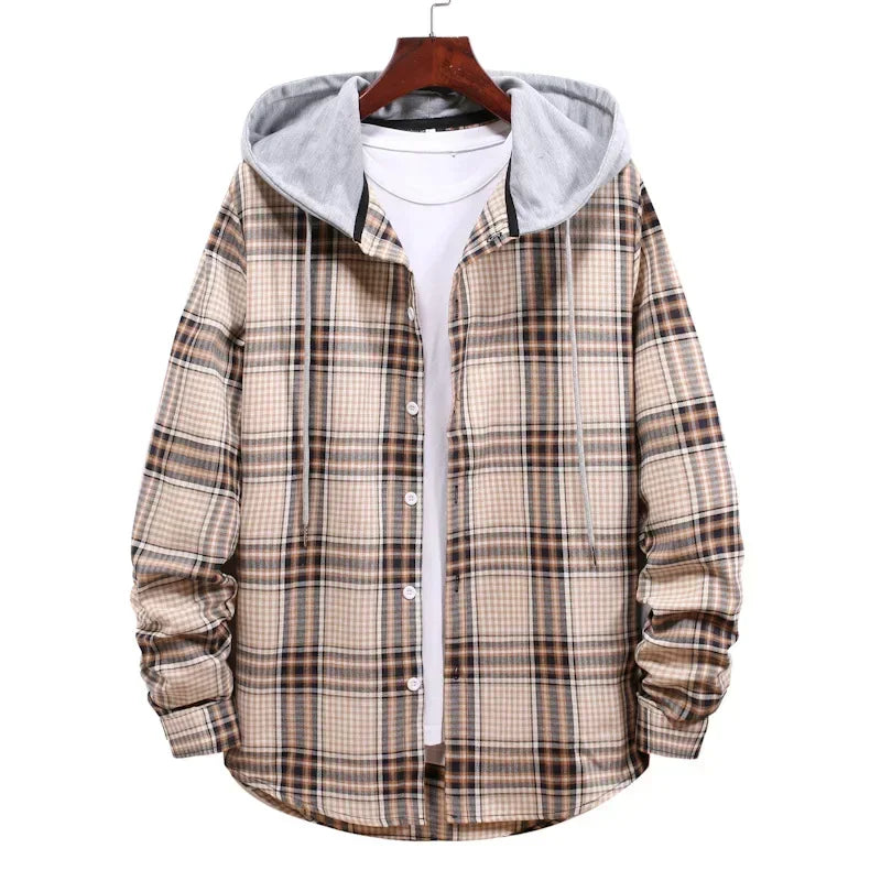 New 2026 Men's Plaid Hooded Shirts Loose Casual Men Jacket Shirt Comfortable Long Sleeve Sport Hooded Coats Men's Daily Clothing