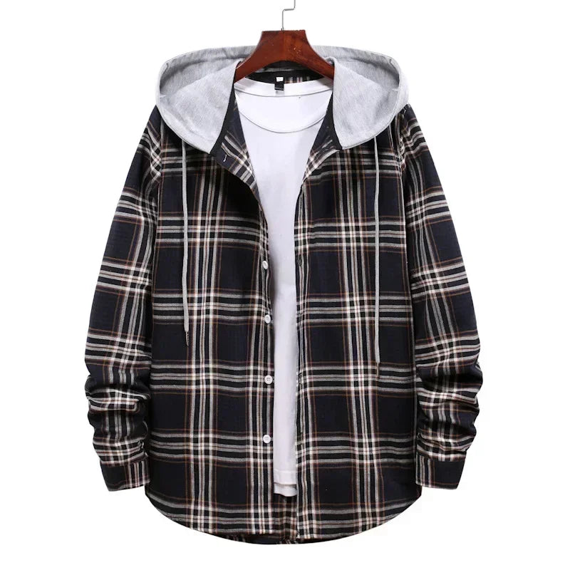 New 2026 Men's Plaid Hooded Shirts Loose Casual Men Jacket Shirt Comfortable Long Sleeve Sport Hooded Coats Men's Daily Clothing