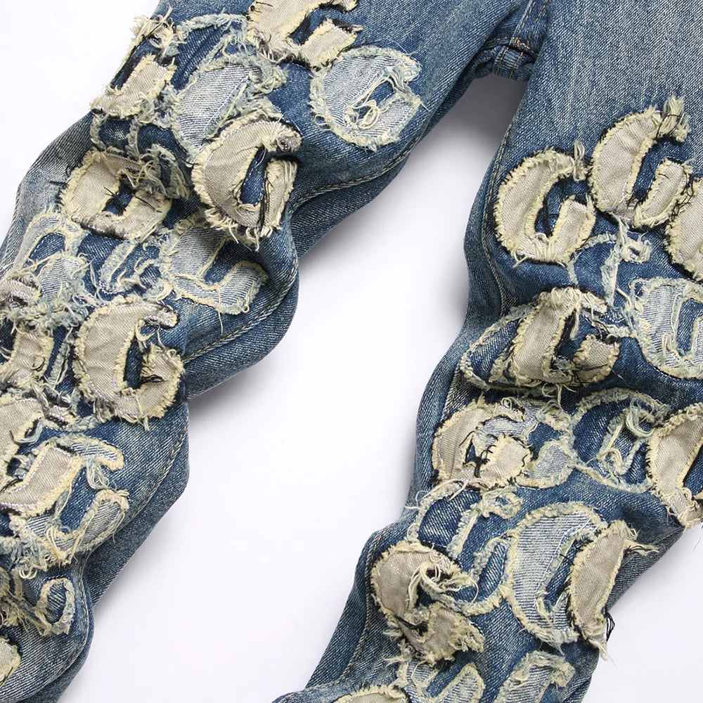 Men Letters Patch Embroidery Denim Jeans Streetwear Release Hem Distressed Pants Retro Vintage Blue Slim But Cut Flared Trousers