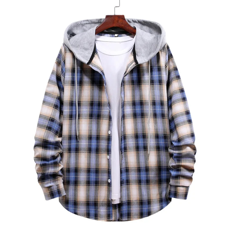 New 2026 Men's Plaid Hooded Shirts Loose Casual Men Jacket Shirt Comfortable Long Sleeve Sport Hooded Coats Men's Daily Clothing