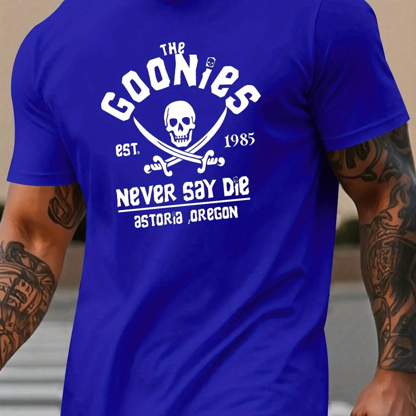 Men's summer 100% pure cotton fashionable casual loose goonies graphic printed round neck short sleeved T-shirt top