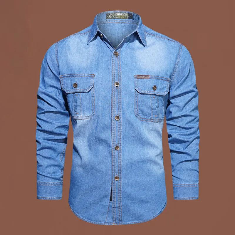 New Men's Outdoor Tooling Shirts Multi-pocket Design Men Long Sleeve Denim Shirt High Quality 100%Cotton Casual Shirt Coats Male