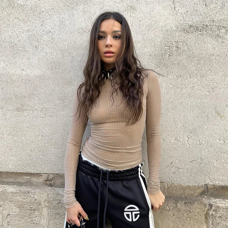 2026 Spring T Shirt Women O-neck Slim Fashion European And American Style Sexy Perspective Long Sleeve Tees Tops Woman Clothes