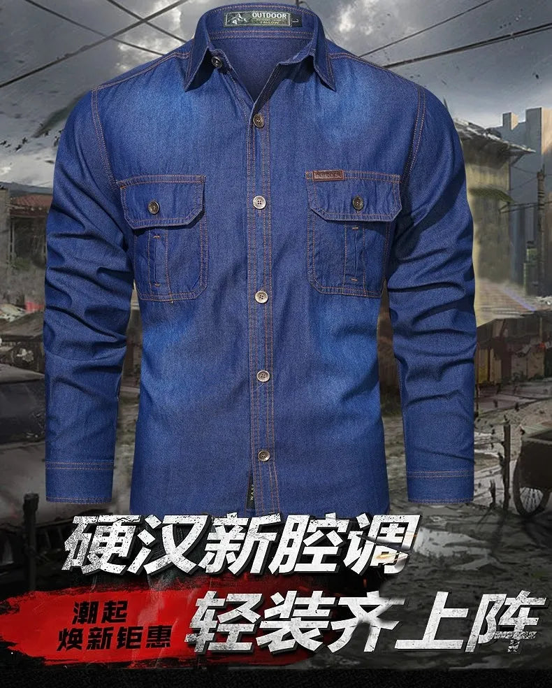 New Men's Outdoor Tooling Shirts Multi-pocket Design Men Long Sleeve Denim Shirt High Quality 100%Cotton Casual Shirt Coats Male