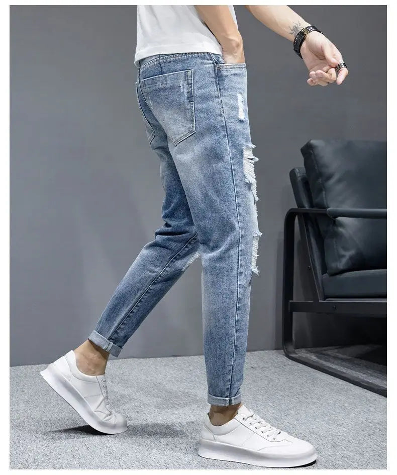 New Fashion Stylish Cowboy Men's Slim Casual Jeans with Ripped Distressed Holes Summer Streetwear Denim Broken Hole Pants Male